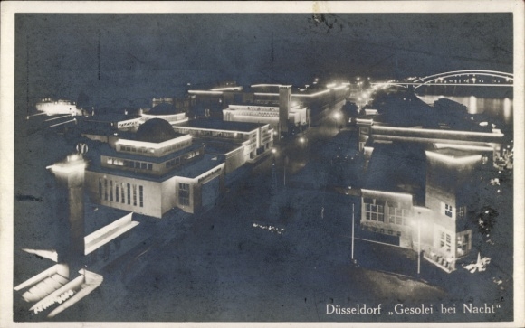 Ansichtkaart Düsseldorf am Rhein, grote tentoonstelling GeSoLei 1926 met nachtverlichting
