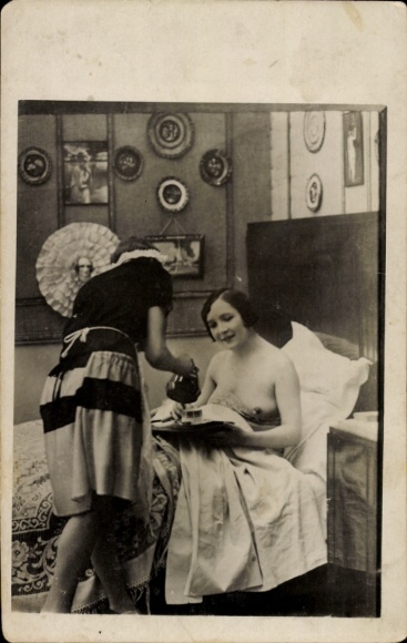Postcard female nude, naked woman in bed, maid