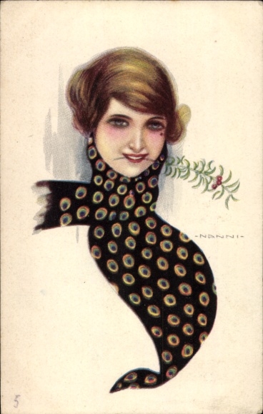 Artist Postcard Nanni, woman with black scarf, portrait
