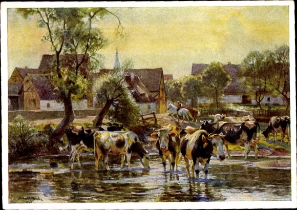 Artist PC Moeller, Arnold, cows in the village stream, HDK 228