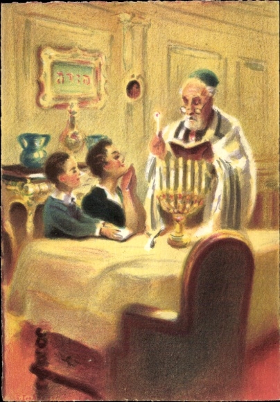 Judaika Postcard Hanukkah, family at the table, menorah