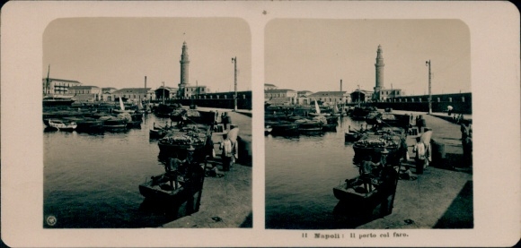 Stereo Photo Naples Campania, harbor with lighthouse