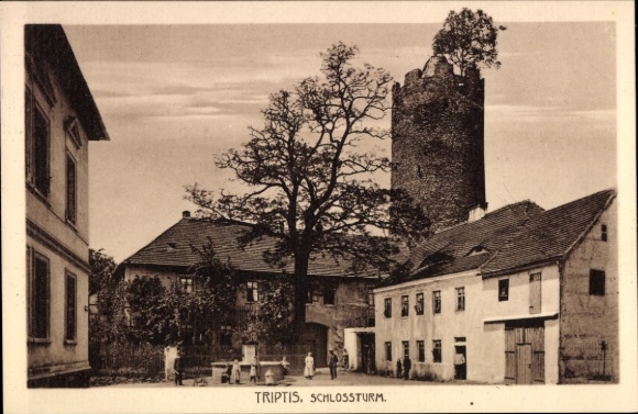 Ak Triptis in Thüringen, Schlossturm, Bäume, Gebäude, Personen, Schwarz-Weiß-Foto