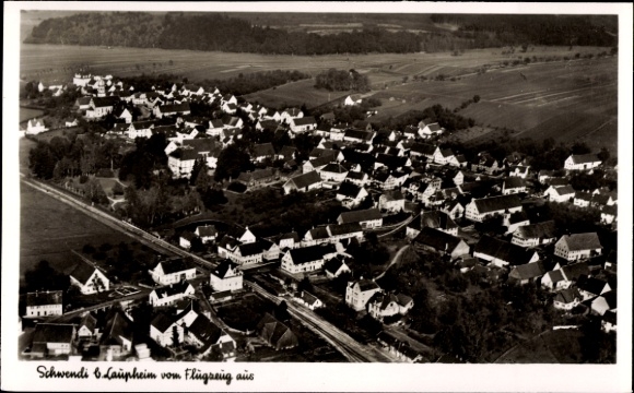 Postcard Laupheim in Upper Swabia, aerial view of many houses, rural surroundings, black and white photo