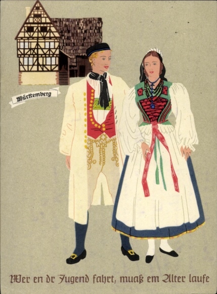 Artist Postcard Württemberger Trachten, Whoever rides in youth must run in old age