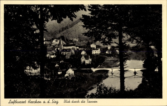 Postcard Herchen Windeck at the Sieg, view through the fir trees