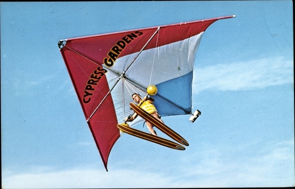 Postcard Florida USA, Cypress Gardens, Delta Kite, water skiers with kites