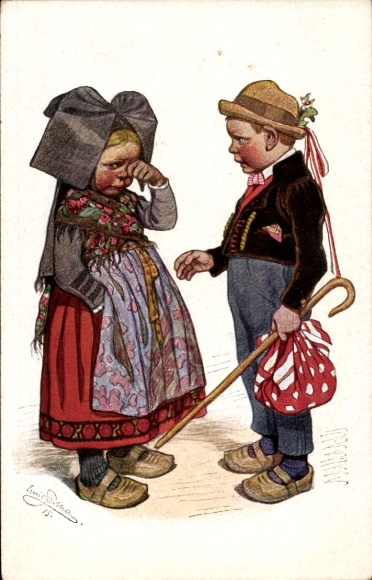 Artist PC Beithan, Emil, couple in Alsatian folk costumes, crying woman