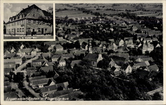 Postcard Appenweier in Baden Black Forest, aerial photograph, inn and butcher shop at the Black Eagle