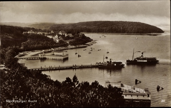 Postcard Glücksburg on the Baltic Sea, view of the Glücksburg Bay, steamer