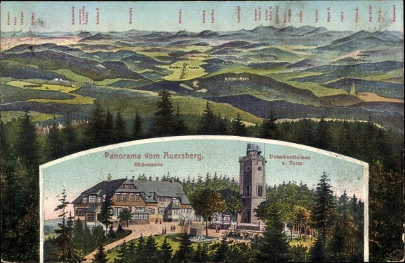 Postcard Wildenthal Eibenstock in the Ore Mountains, panorama from the Auersberg, accommodation house, Riesenberg