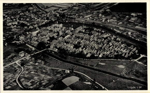 Postcard Lügde in the Weserbergland, aerial photograph, panorama of the town
