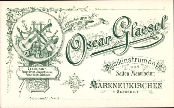 Postcard Markneukirchen in Vogtland Saxony, musical instruments and strings manufactory Oscar Glaesel