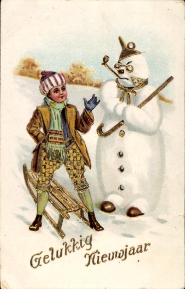 Glitter Postcard Happy New Year, child with sled at snowman