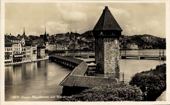Postcard Luzern City Switzerland, Chapel Bridge, Water Tower