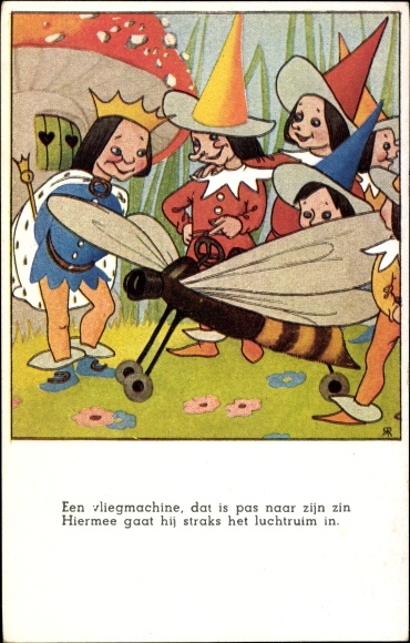 Artist Postcard Dwarfs show the king a wasp plane