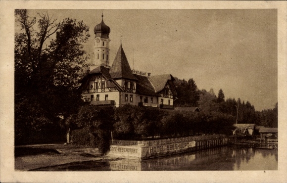 Postcard Seeshaupt on Lake Starnberg Upper Bavaria, Coffee-Restaurant Hotel am See