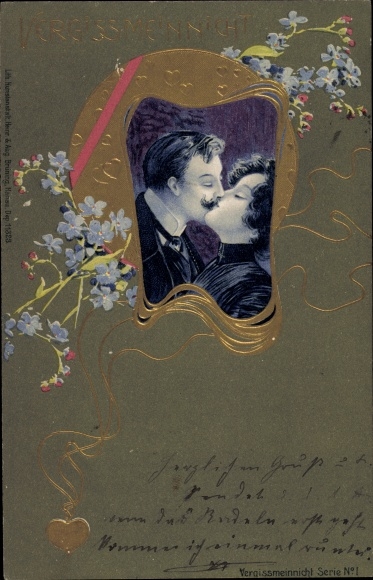Art Nouveau embossed passepartout litho forget-me-not, kiss, lovers