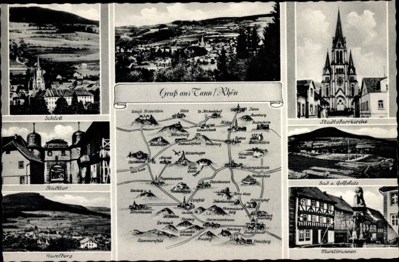 Maps Postcard Tann in the Rhön East Hesse, market fountain, city gate, castle