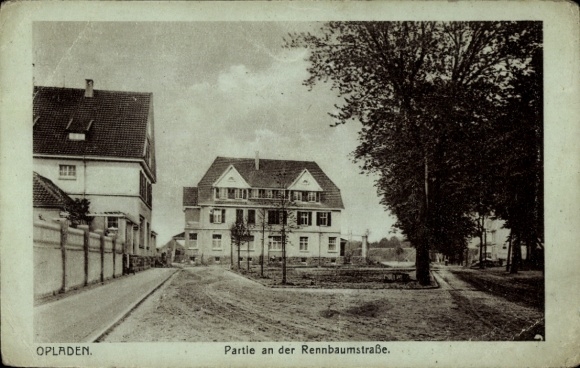 Postcard Opladen Leverkusen in the Rhineland, part of Rennbaumstraße, buildings, trees, street