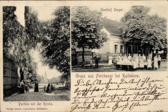 Postcard Ferchesar in Havelland, Gasthof Seeger, street section, church