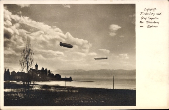 Ak Wasserburg am Bodensee Schwaben, Luftschiffe Hindenburg und Graf Zeppelin