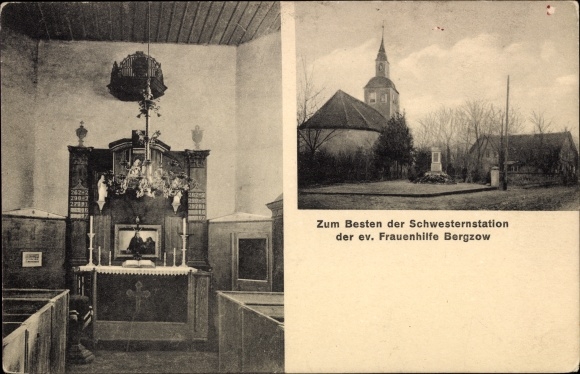 Postcard Bergzow Elbe Parey in Saxony Anhalt, nurse station of the evangelical women&#39;s aid, church, altar