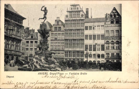 KP Antwerpia Flandria, fontanna Fontaine Brabo, Grand' Place, budynki w tle, tekst po francusku