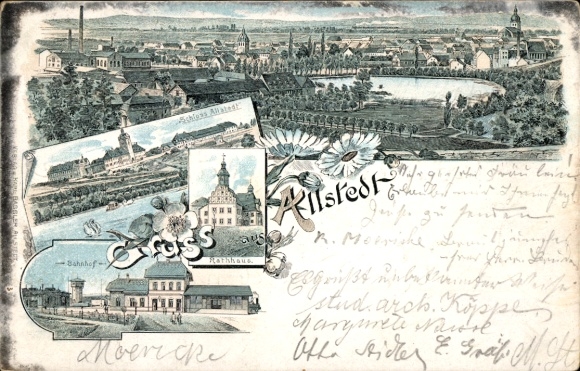 Chromo-Litho Allstedt in Saxony-Anhalt, Panorama, Castle, Town Hall, Train Station