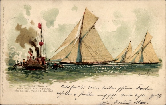 Künstler Litho Bohrdt, Hans, SMY Meteor, Beim Start der Regatta des kaiserl. Yachtclubs Kiel