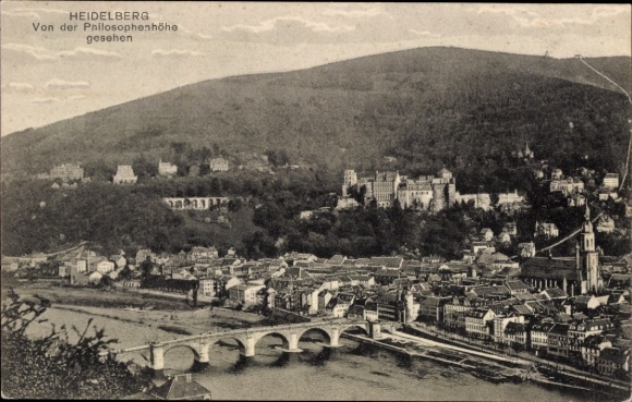Postcard Heidelberg am Neckar, view from the Philosophenhöhe, river, bridge, city view