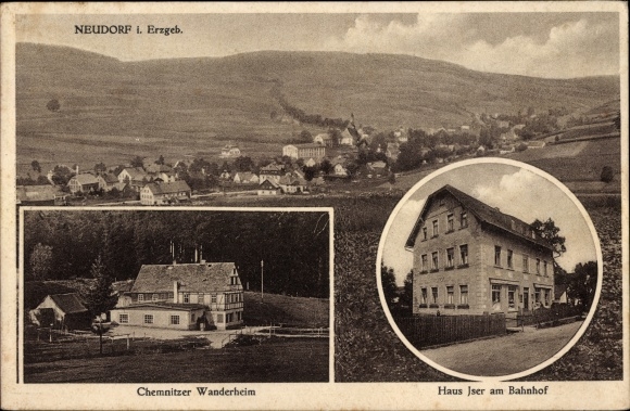 Ak Neudorf Sehmatal im Erzgebirge, Panorama, Chemnitzer Wanderheim, Haus Iser am Bahnhof