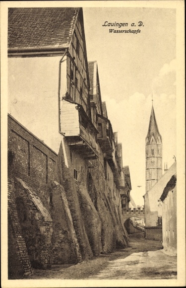 Ak Lauingen an der Donau, uitzicht op de Wasserschapfe, kerktoren, oude huizen