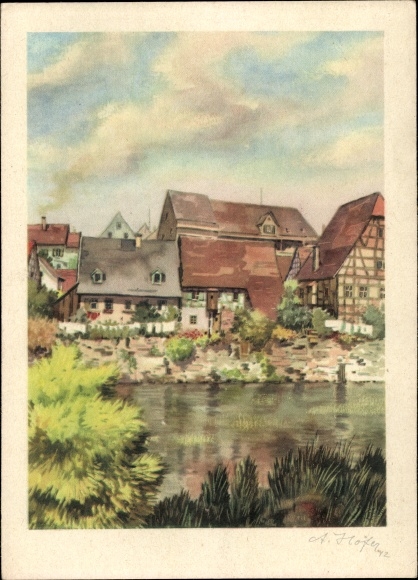 Artist PC Höfer, A., Besigheim in the district of Ludwigsburg, city panorama, river section