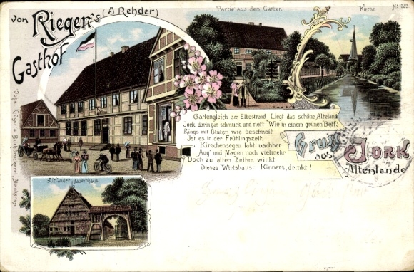 Chromo-Litho Jork in the Altes Land, Von Riegens Gasthof, owner J. Rehder, church, Altländer farmhouse, poem