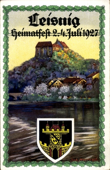 Ak Leisnig in Sachsen,  Heimatfest 2-4 Juli 1927, Flusslandschaft, Burg, Wappen