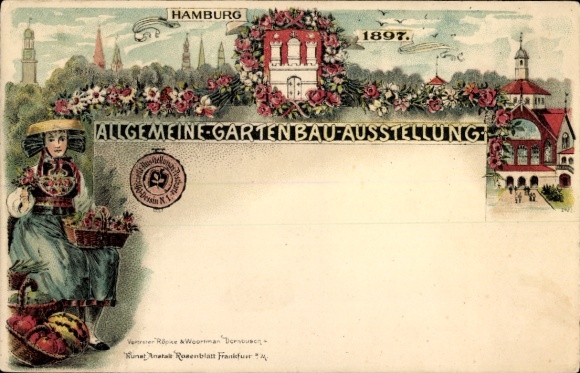 Chromo-Litho Hamburg, General Horticultural Exhibition, woman in traditional costume, coat of arms