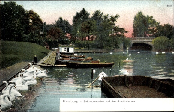 Postcard Hamburg Nord Hohenfelde, swan pond at Buchtstraße, boats