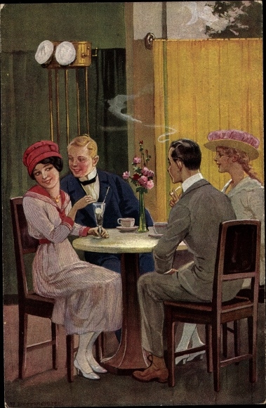 Artist PC Borrmeister, R., happiness in the corner, two couples in the cafe, smoking