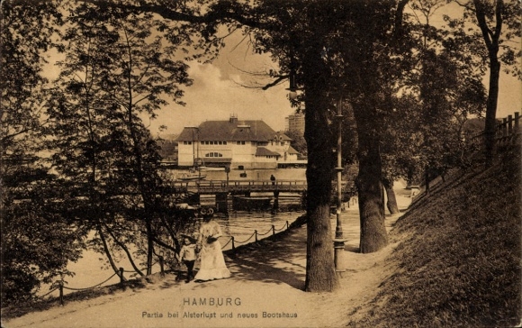 Postcard Hamburg Nord Eppendorf, park landscape, Alster, boathouse, children, walkers