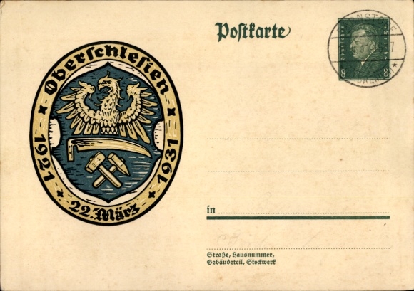 Postal stationery Postcard Upper Silesia, 22 March, 1921 to 1931, coat of arms, 8 Pfennig