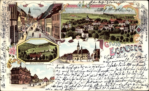 Chromo-Litho Eisenberg in Thuringia, town hall, market, war memorial, Steinweg, Brühl, panorama
