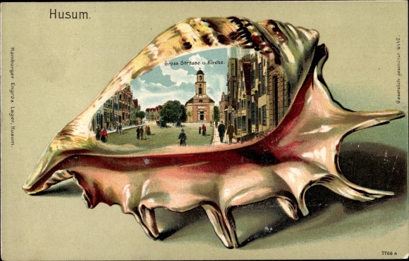 Muschel Litho Husum in Nordfriesland, Groß Straße und Kirche