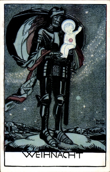 Artist Postcard Klein, Rich., War Christmas, German Knight with Baby Jesus, 1st World War
