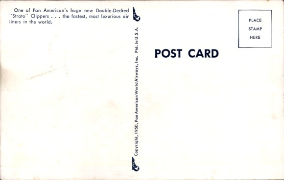 Postcard Double decked Strato Clippers, American passenger aircraft, Pan Am