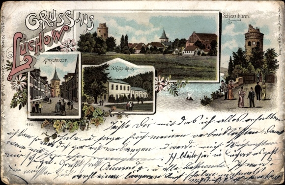 Chromo-Litho Lüchow in Wendland, Kirchstrasse, Schützenhaus, castle tower