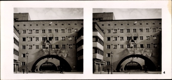 Stereo Raumbild Foto Großdeutschlands Wiedergeburt Nr. 4 Wien 19 Döbling Marxhof, Geschosseinschläge