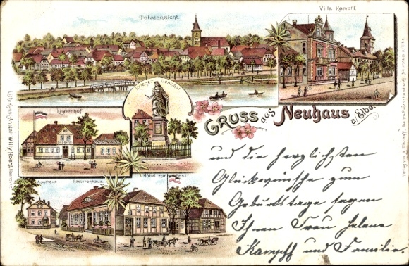 Chromo-Litho Neuhaus an der Elbe, Villa Kampff, Lindenhof, Hotel zur Post, Pastorenhaus, War Memorial