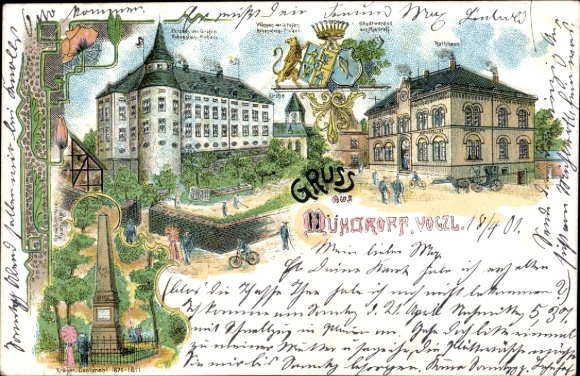 litho Mühltroff in Vogtland, kasteel Graf Hohenstein Pichau, stadhuis, stadswapen, oorlogsmonument