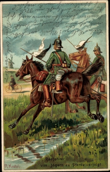 Artist PC Knötel, R., Cyclist pursued by hunters on horseback, Empire